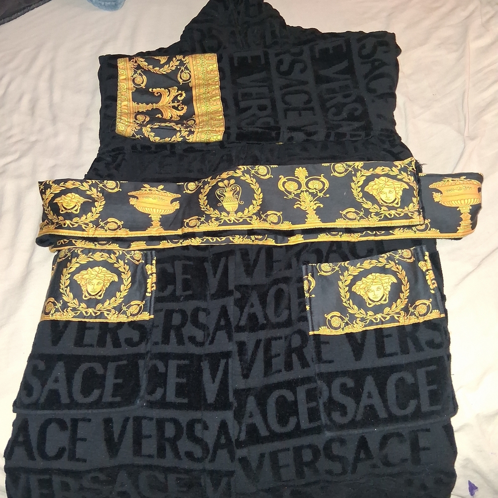 Versace Black and Gold Hooded Robe